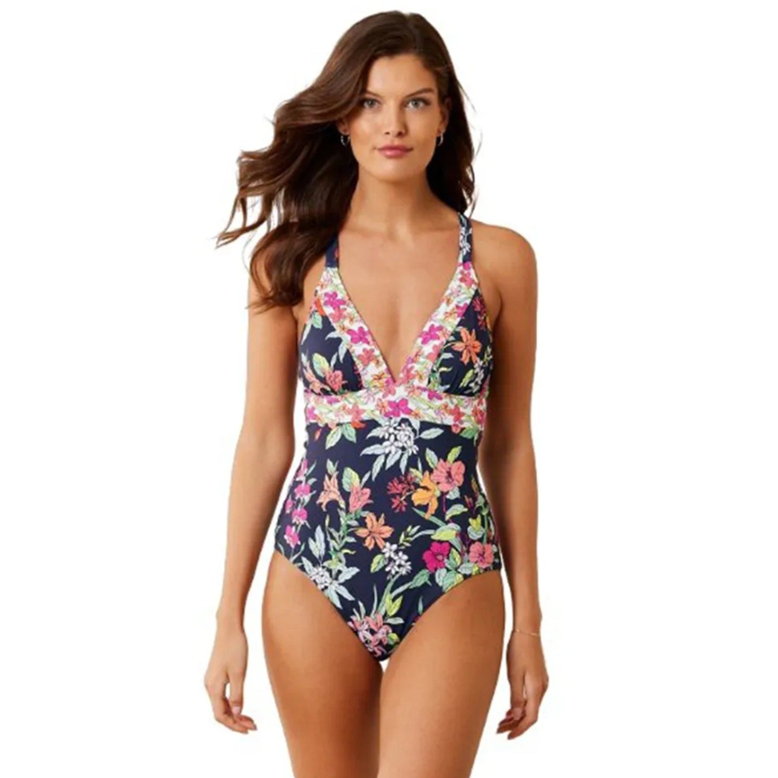 TOMMY BAHAMA Summer Floral Reversible One Piece Swimsuit Size 12 Navy Blue NWT