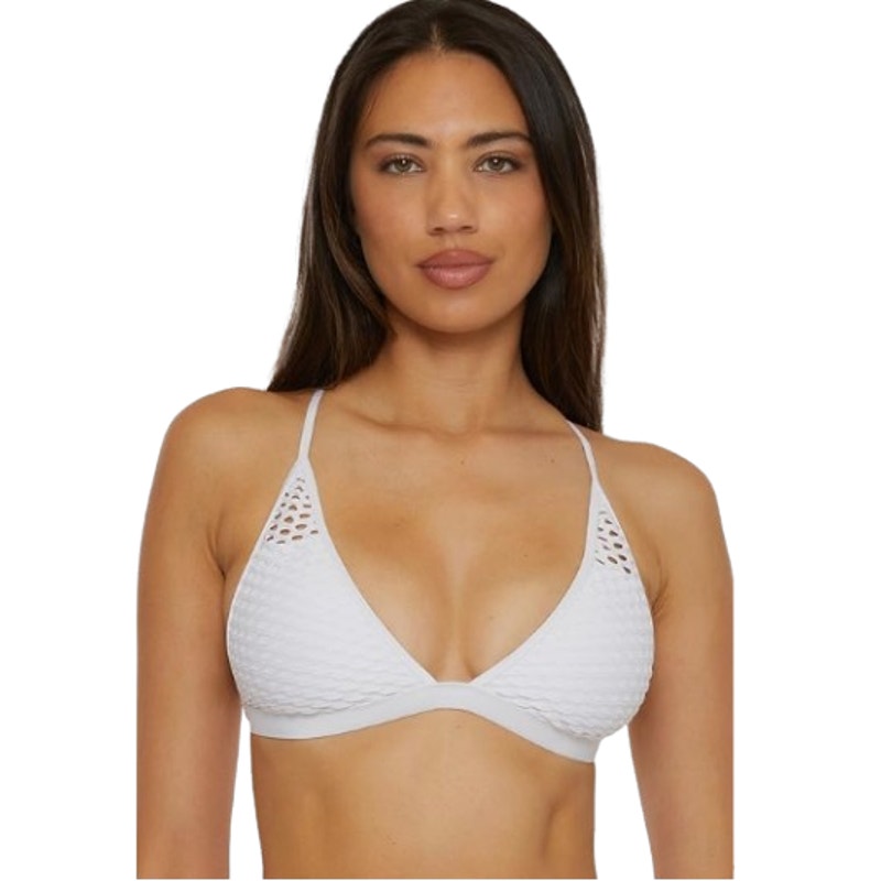 BECCA Women's Castaway Halter Bikini Top Small White Fishnet NWOT