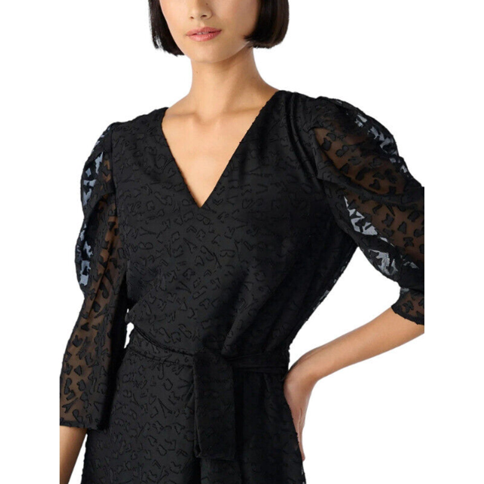 KARL LAGERFELD Womens Burnout Logo Print Dress Size 6 Black V-Neck Tie Waist NWT