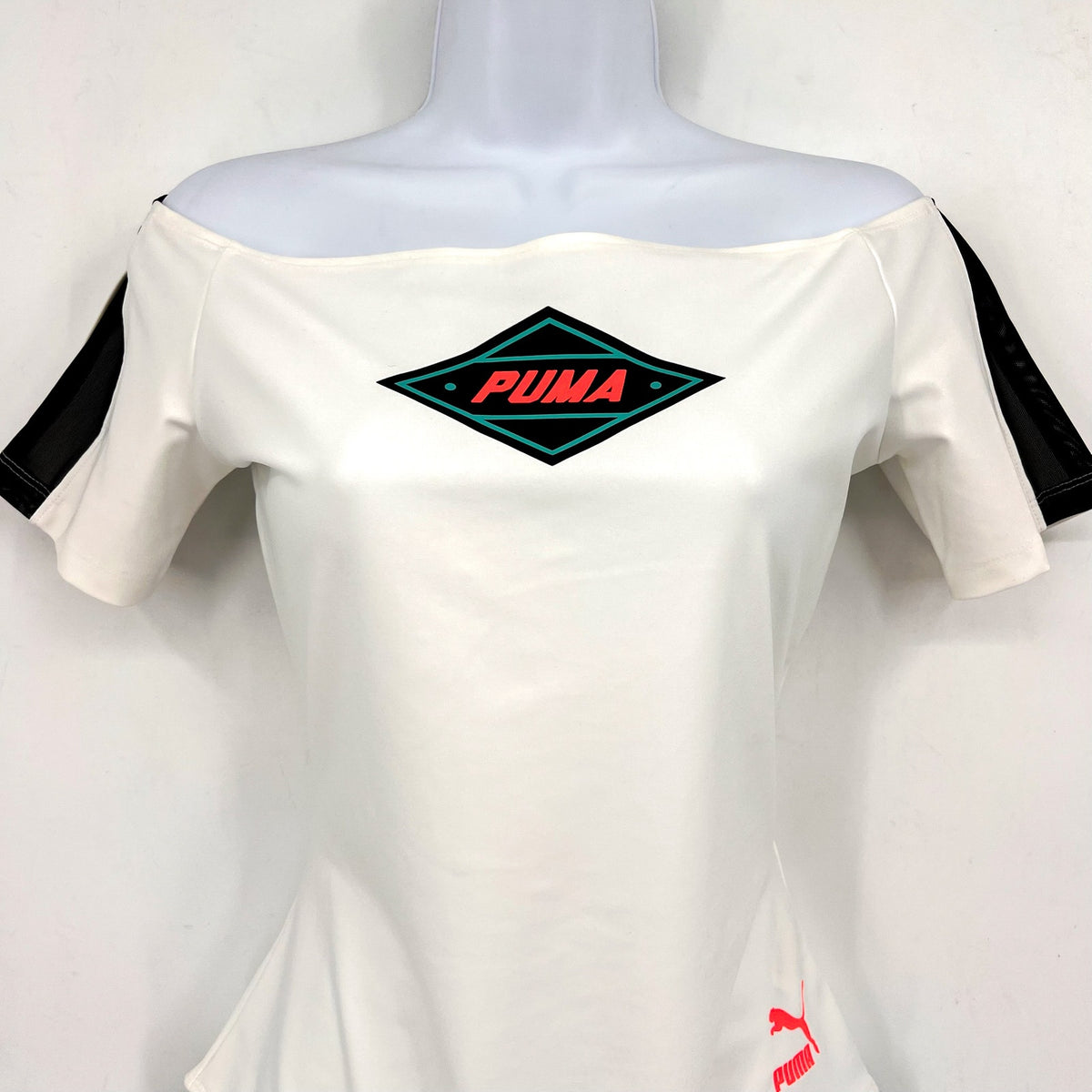 PUMA Women's XTG Bodysuit Shirt Medium White Multicolor Off Shoulder NWT