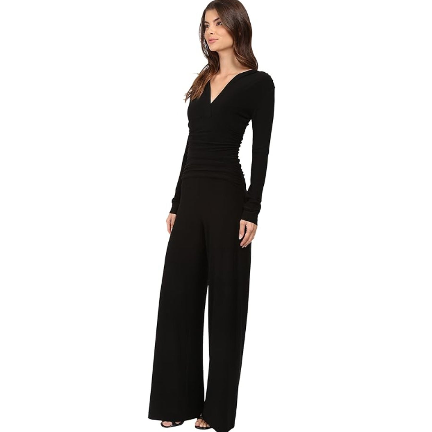 NORMA KAMALI V-Neck Long Sleeve Jumpsuit Large 40 Black Shirred Waist NWT