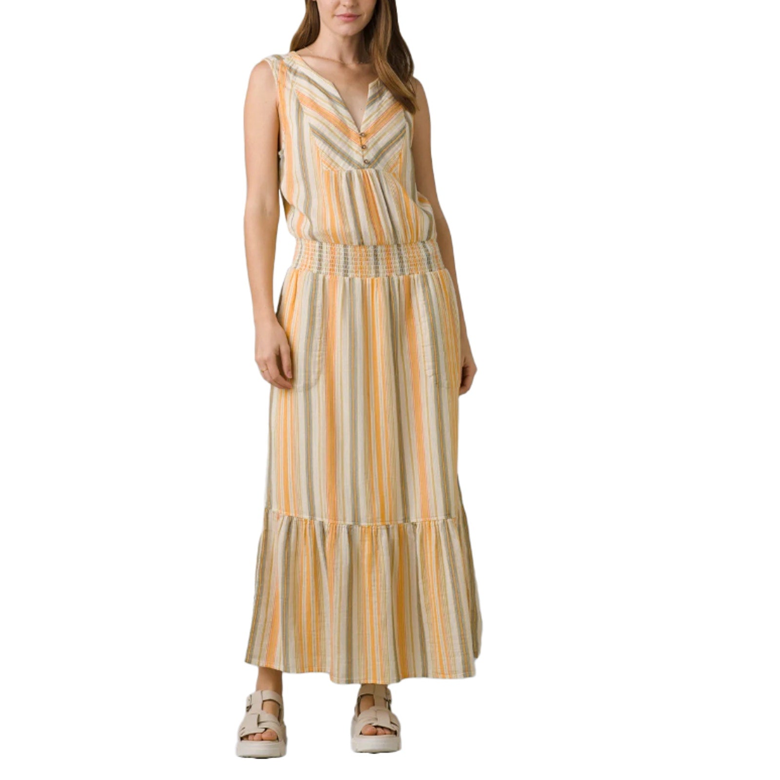 PRANA Women's California Dreaming Maxi Dress Medium Golden Hour Stripe NWT