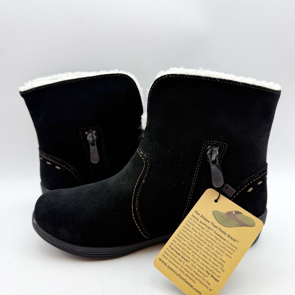Spenco Womens Sun Valley Ankle Boots US 5.5 Wide Black Suede Sherpa Lined NIB