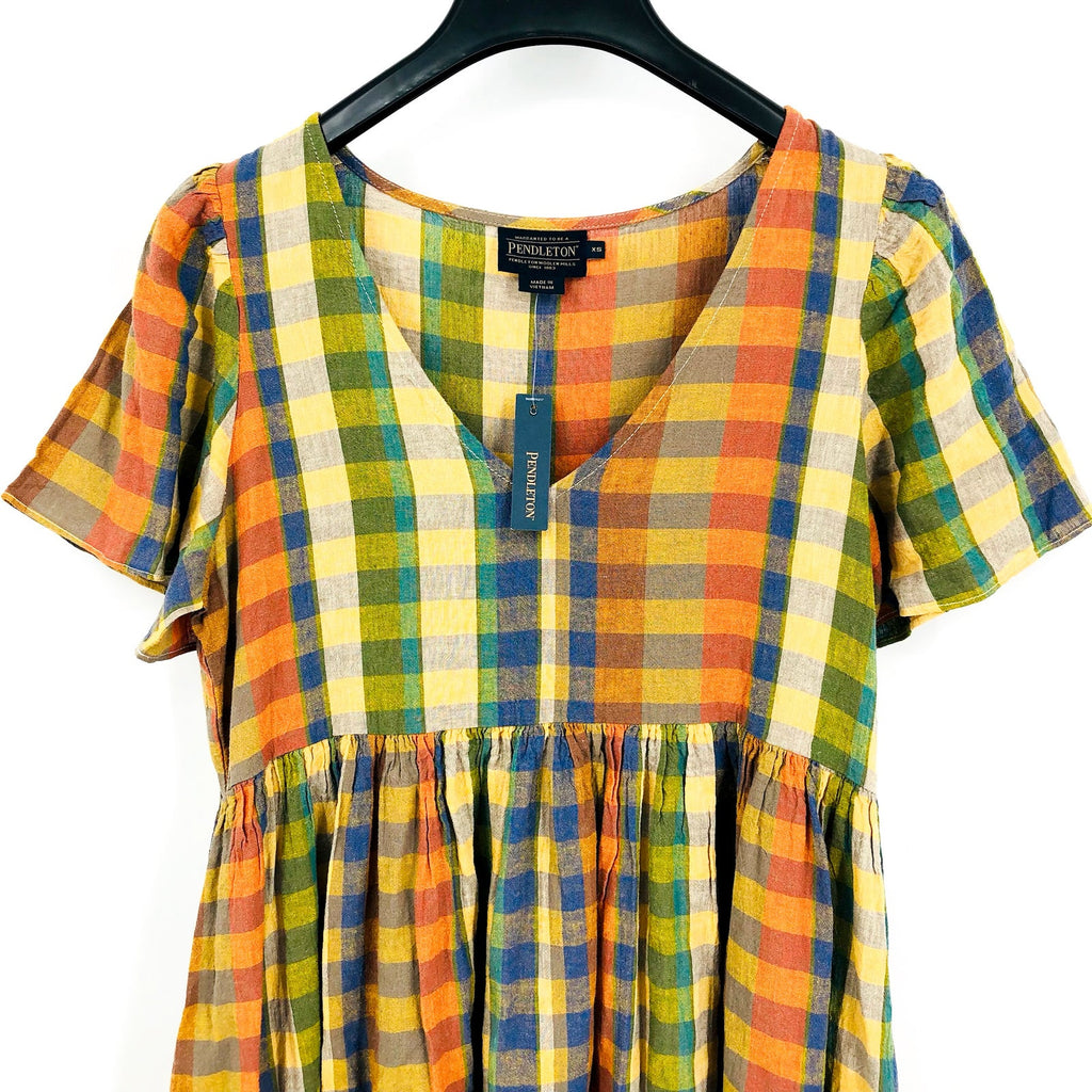 PENDLETON Women's Flora Midi Dress XS Woodash Multi Check Linen-Blend NWT