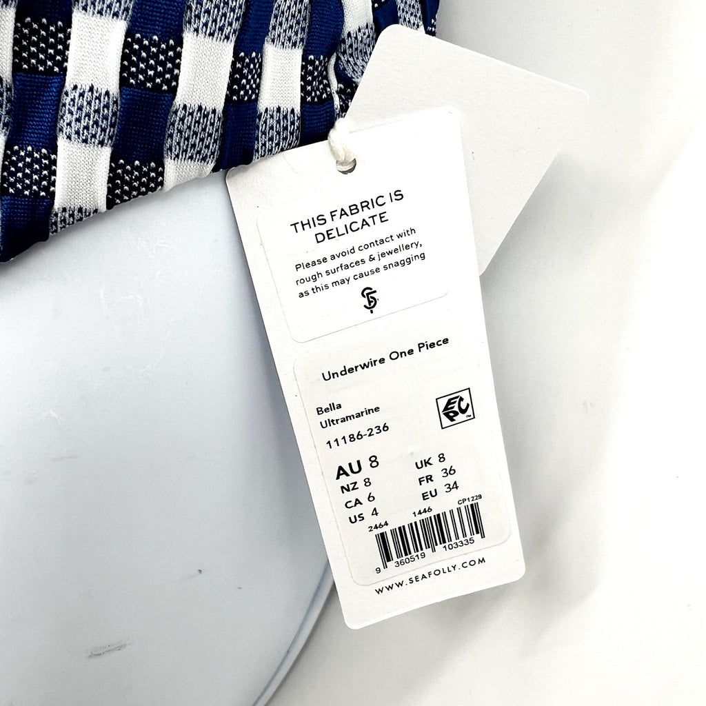 SEAFOLLY Bella Underwire One Piece Swimsuit US 4 Blue Gingham Plaid NWT