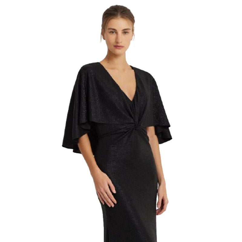 LAUREN RALPH LAUREN Twist-Front Cape Gown Size 6 Black Metallic Knit Dress NWT