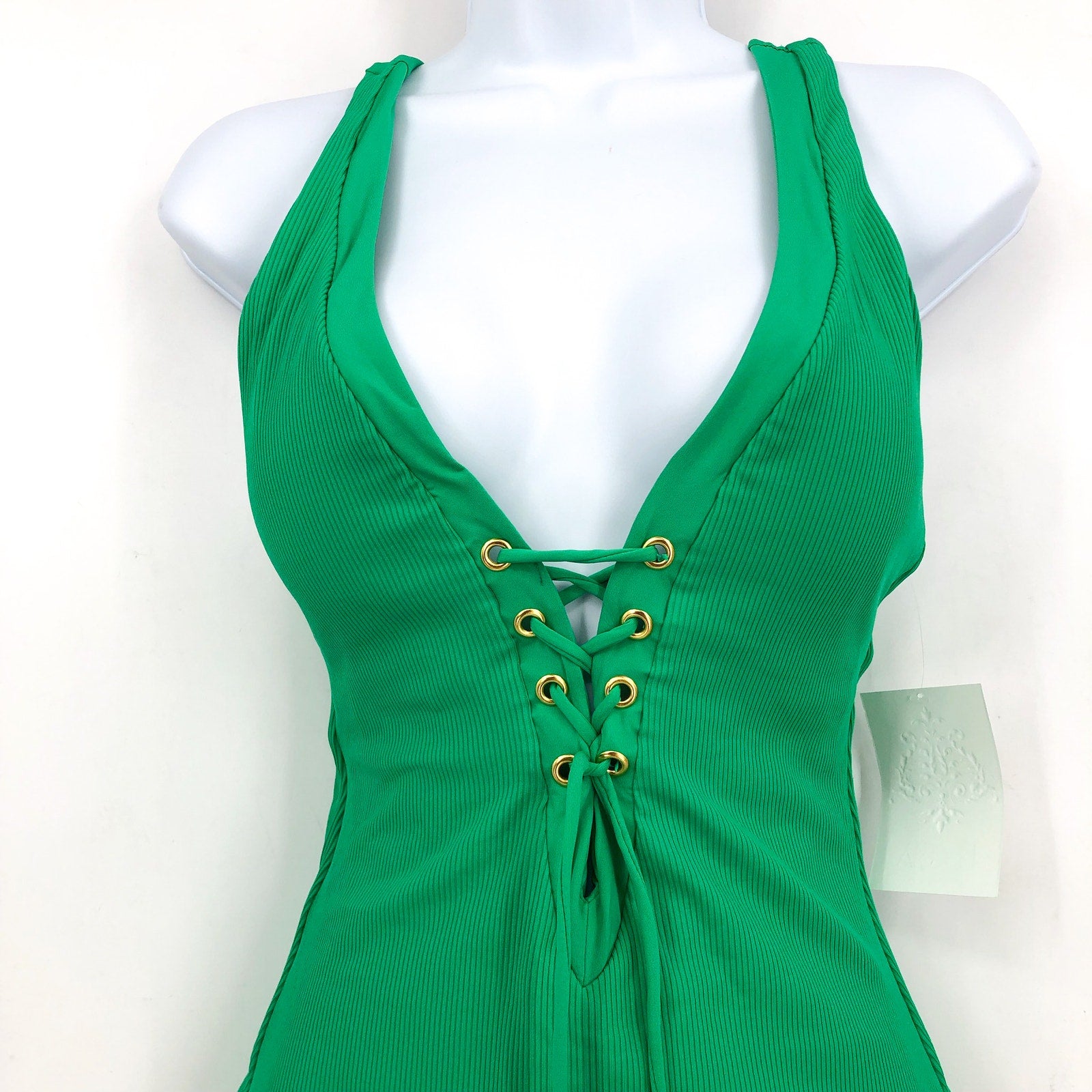 BECCA Women's Gia Plunge One Piece Swimsuit Large Green Lace Up Modern Edge NWT
