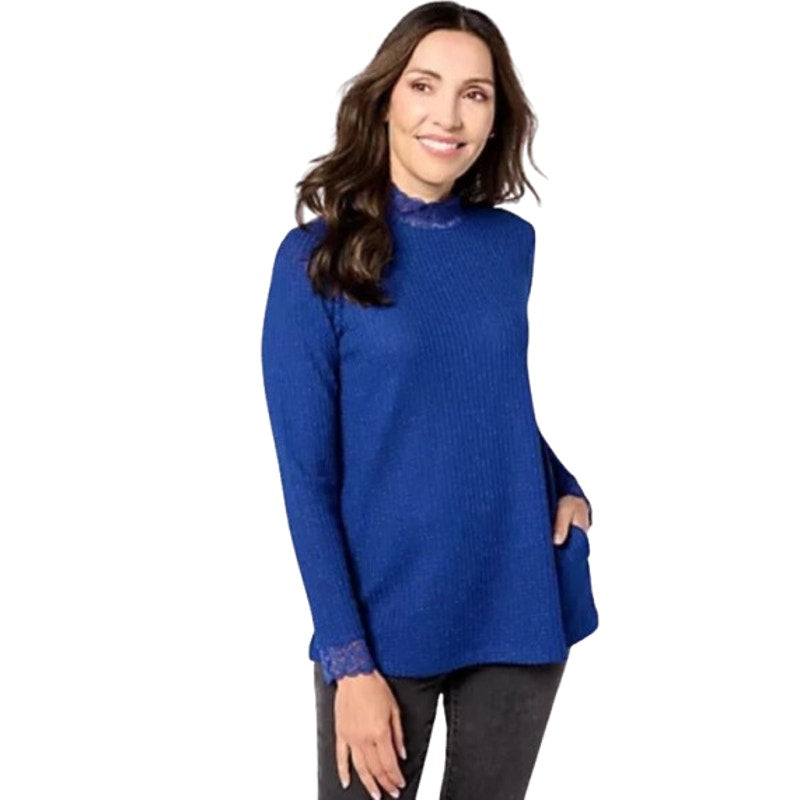 LOGO LORI GOLDSTEIN Metallic Waffle Knit Top Small Blue Sodalite Mock Neck NWOT