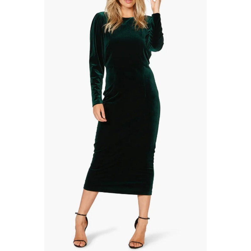 BARDOT Women's Kalani Cowl Back Velvet Dress US 4 Dark Green Long Sleeve NWT