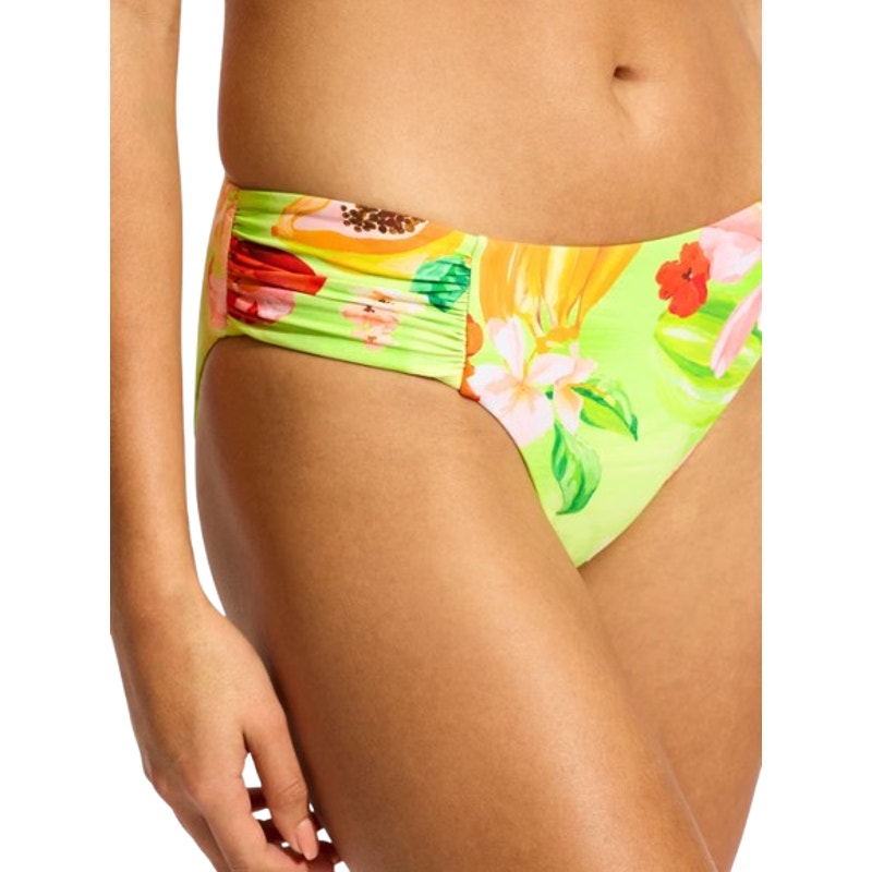 SEAFOLLY Womens Tropique Ruched Bikini Bottom Size 12 Green Aloe Gel Print NWT