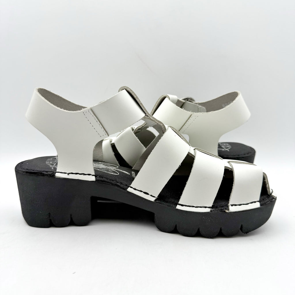 Fly London Womens Emme511fly Heeled Sandals EU 36 US 5.5 White Black Leather NIB