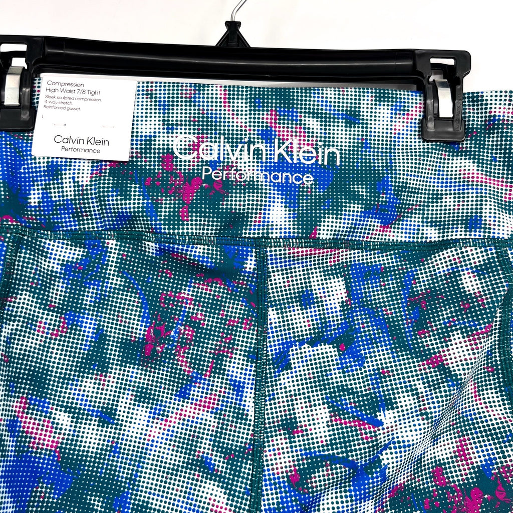 CALVIN KLEIN PERFORMANCE 7/8 Leggings Large Blue Pink Geometric Print NWT