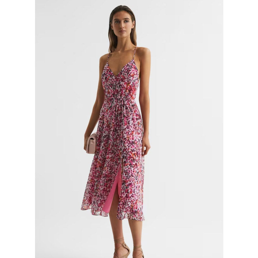 REISS Women's Pippa Floral Printed Midi Dress Size 12 Pink Sleeveless NWT