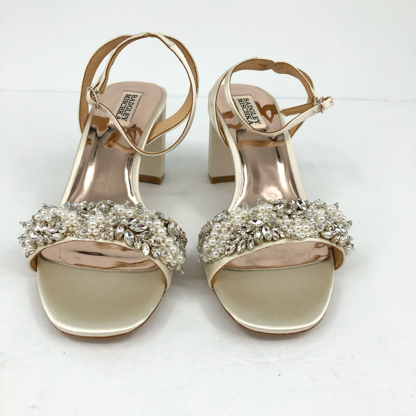 Badgley Mischka Womens Marsha Satin Heels US 9 Ivory Sandals Rhinestone NWOB