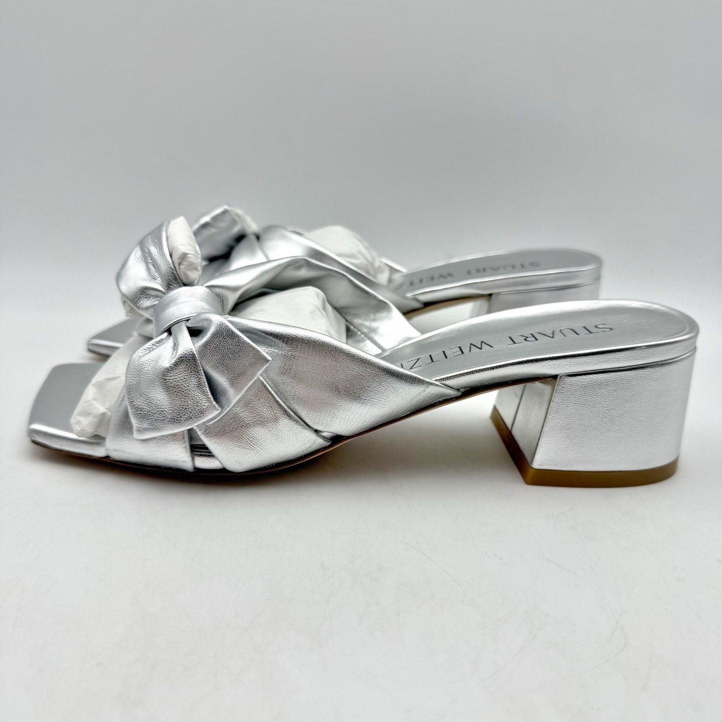 Stuart Weitzman Womens Sofia 45 Slide High Heels Size 6 Silver Leather Bow NIB