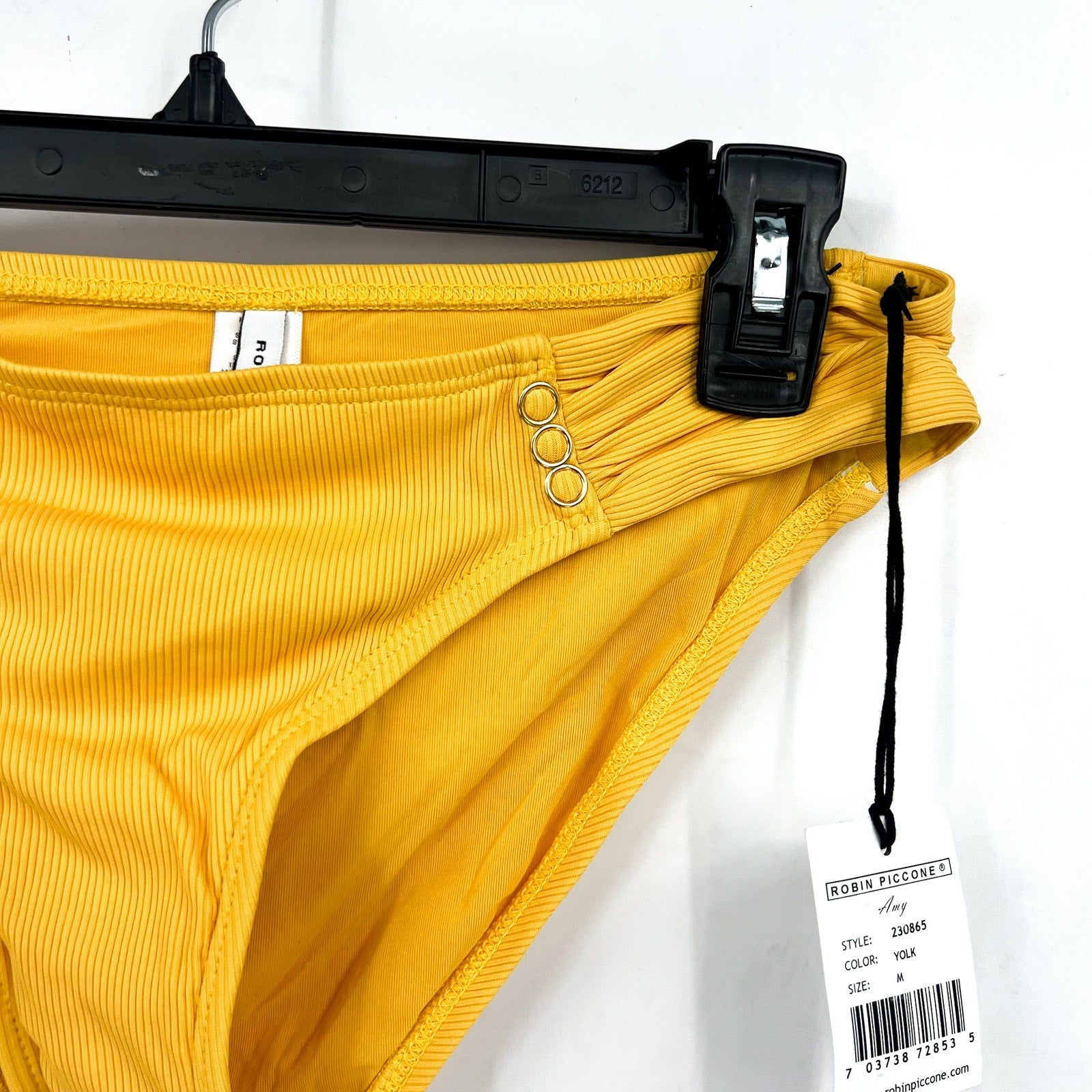 ROBIN PICCONE Women's Amy Tab Side Bikini Bottom Medium Yellow Yolk Ribbed NWT