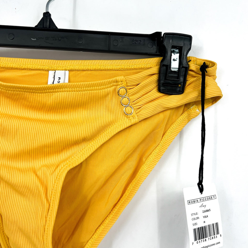 ROBIN PICCONE Women's Amy Tab Side Bikini Bottom Medium Yellow Yolk Ribbed NWT