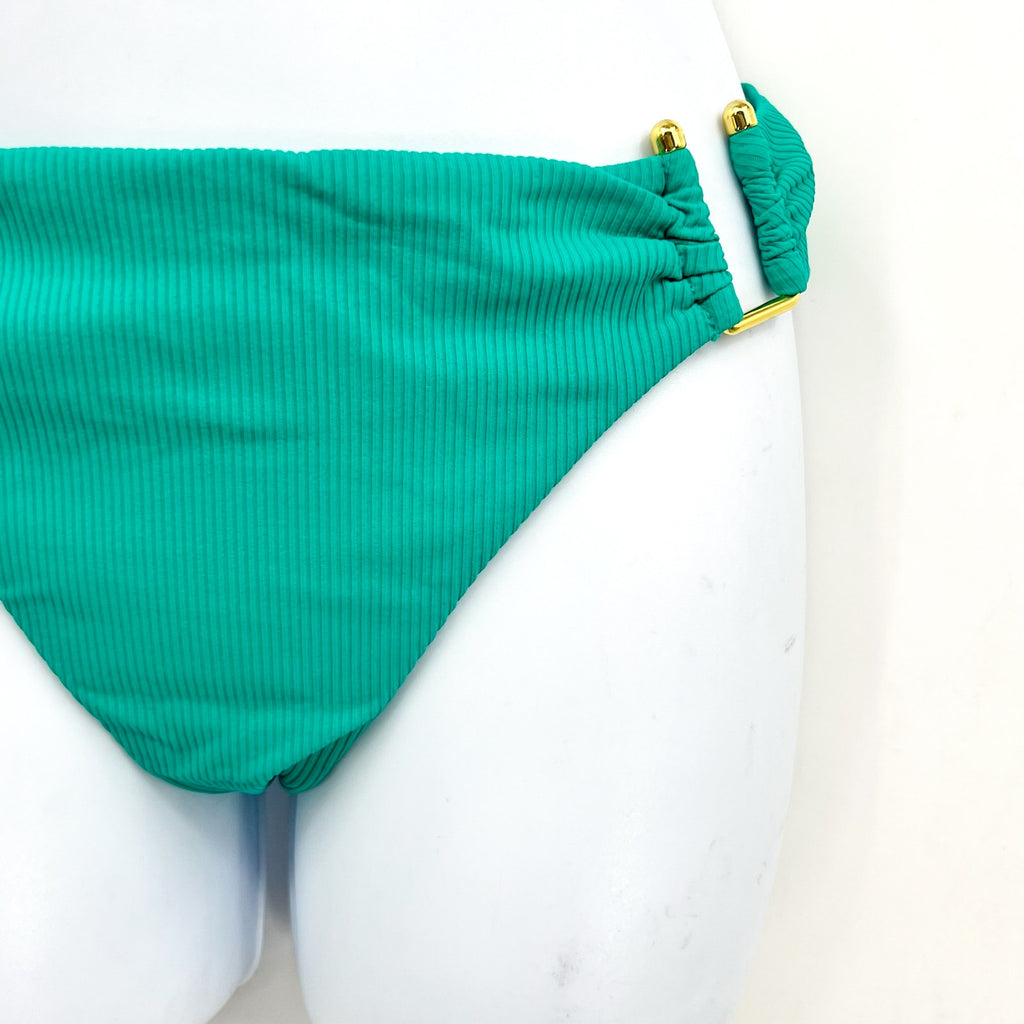 BECCA Women's Modern Edge Buckle Hipster Bikini Bottoms Small Green Peacock NWOT