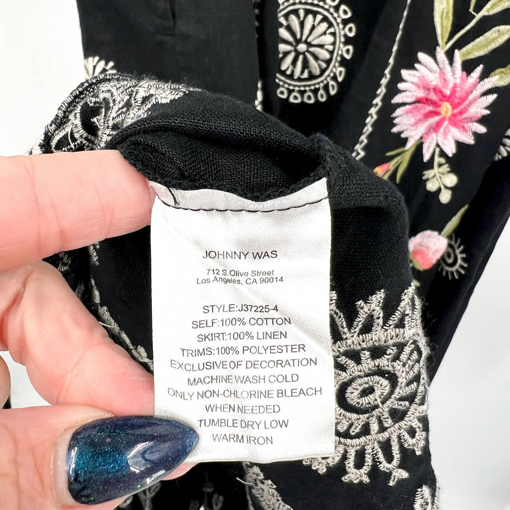 JOHNNY WAS Della Tank Midi Dress Medium Black Floral-Embroidered Linen NWT