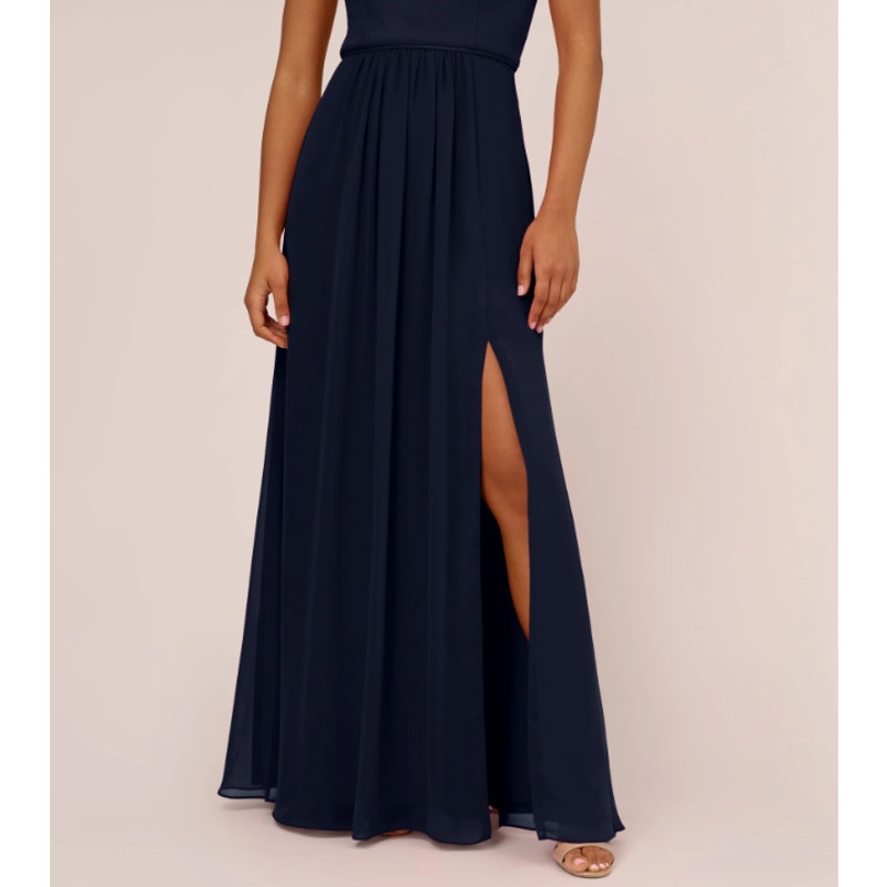 ADRIANNA PAPELL One-Shoulder Chiffon Long Gown Size 8 Midnight Blue Formal NWT