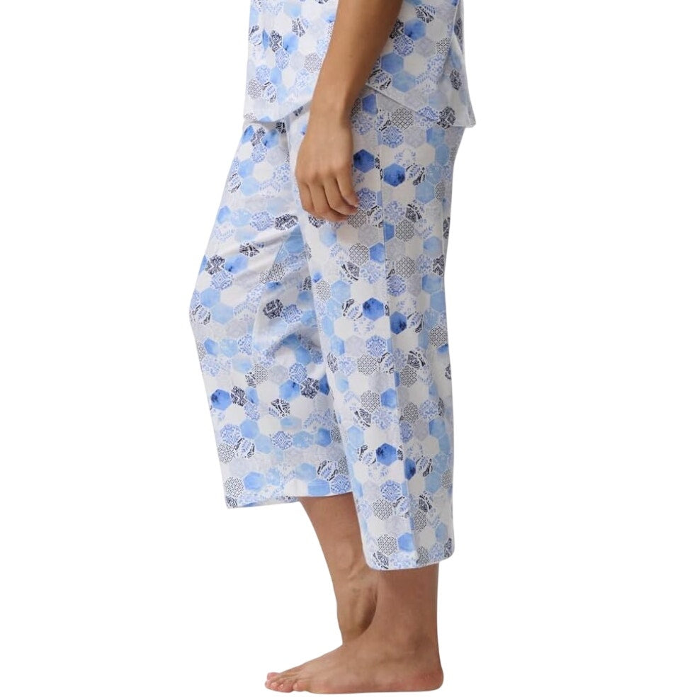 KAREN NEUBURGER Women's Crop Pajama Pants Large White Blue Mosaic NWT