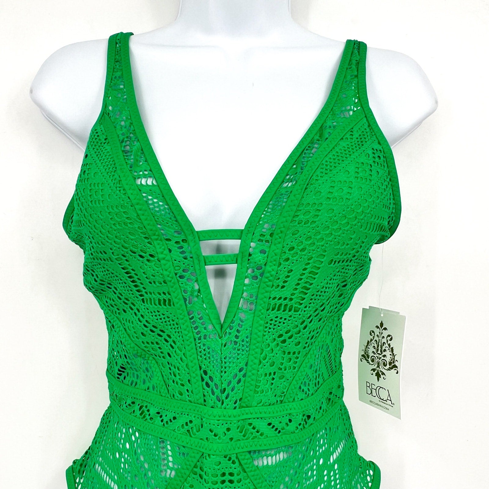 BECCA Women's Crochet Plunge One Piece Swimsuit XS Emerald Green Color Play NWT