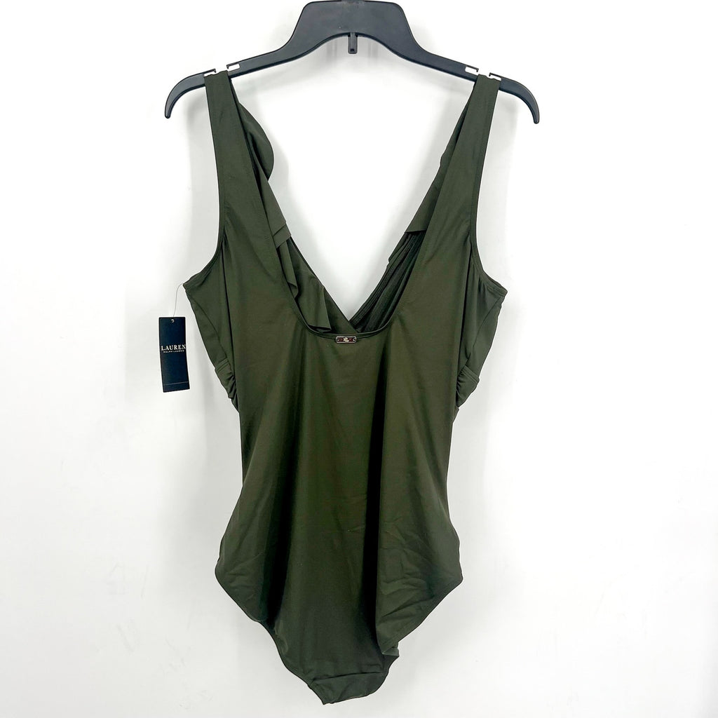 LAUREN RALPH LAUREN Ruffle One Piece Swimsuit Size 16 Olive Green Beach Club NWT