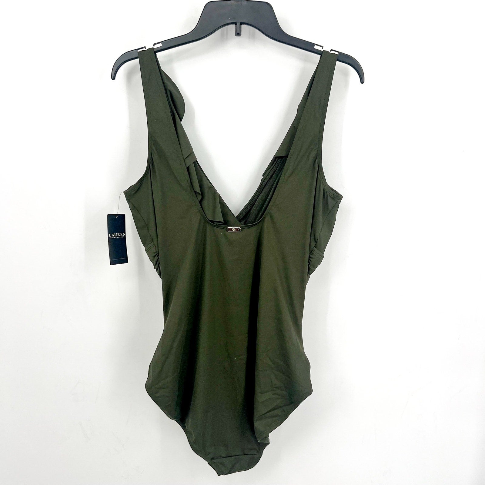LAUREN RALPH LAUREN Ruffle One Piece Swimsuit Size 16 Olive Green Beach Club NWT