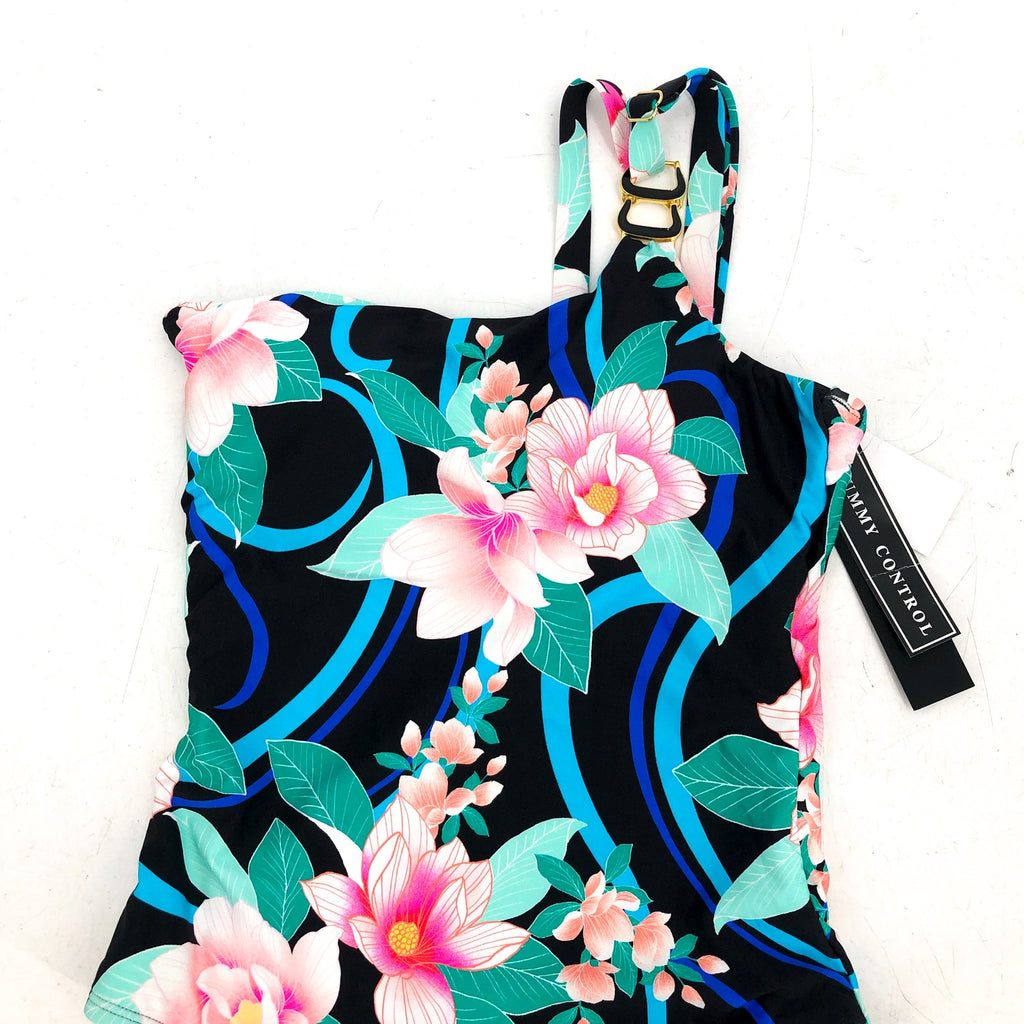 LA BLANCA One Shoulder One-Piece Size 4 Black Nightfall Blooms Tummy Control NWT