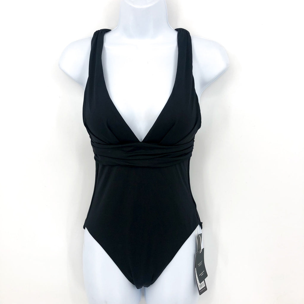 SEAFOLLY Collective Cross Back One Piece Swimsuit Size 6 Black Deep V Neck NWT