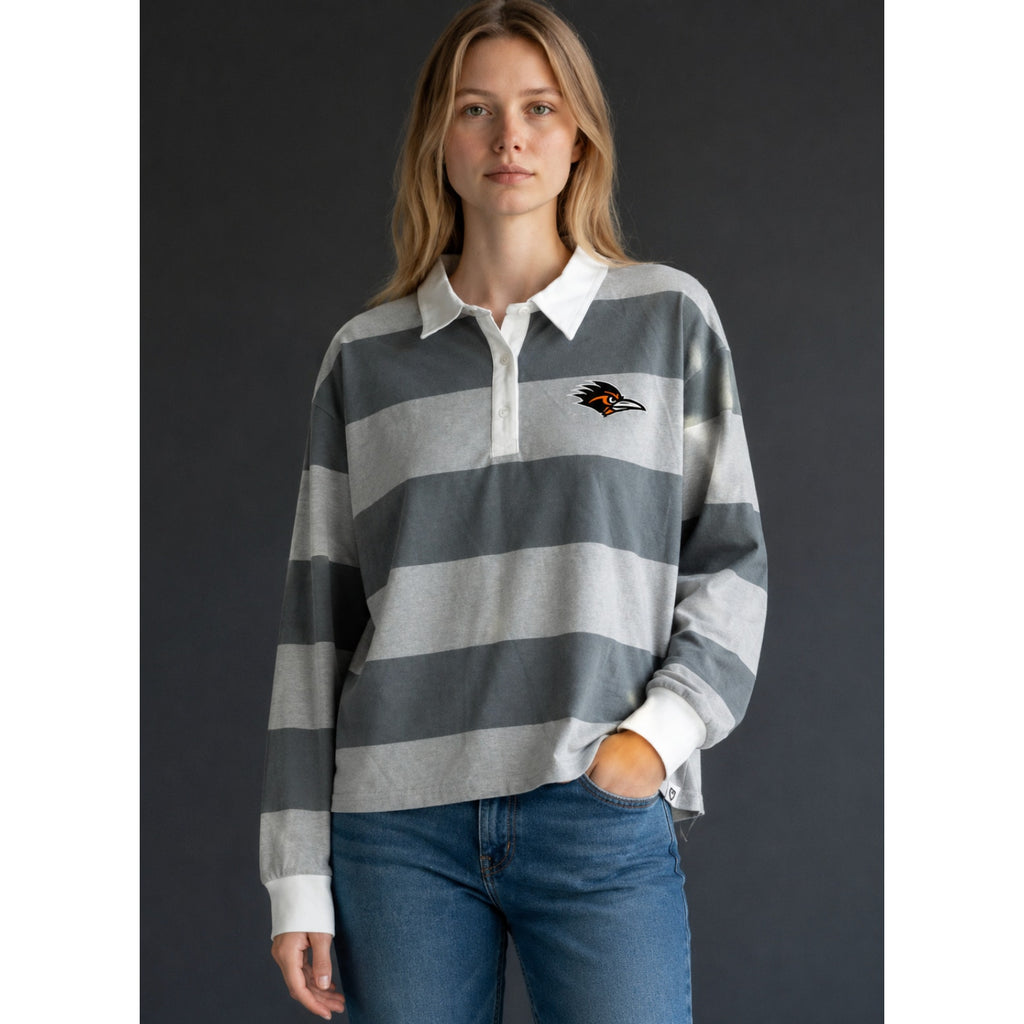 COLOSSEUM Womens U of Texas SA World Peace Rugby Shirt Medium Grey White NWT