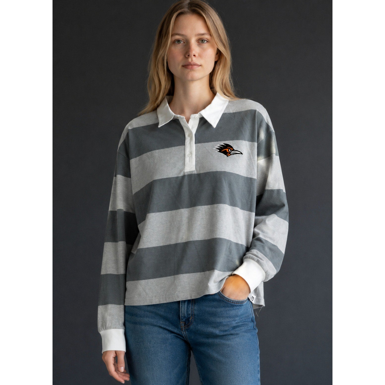 COLOSSEUM Womens U of Texas SA World Peace Rugby Shirt Medium Grey White NWT