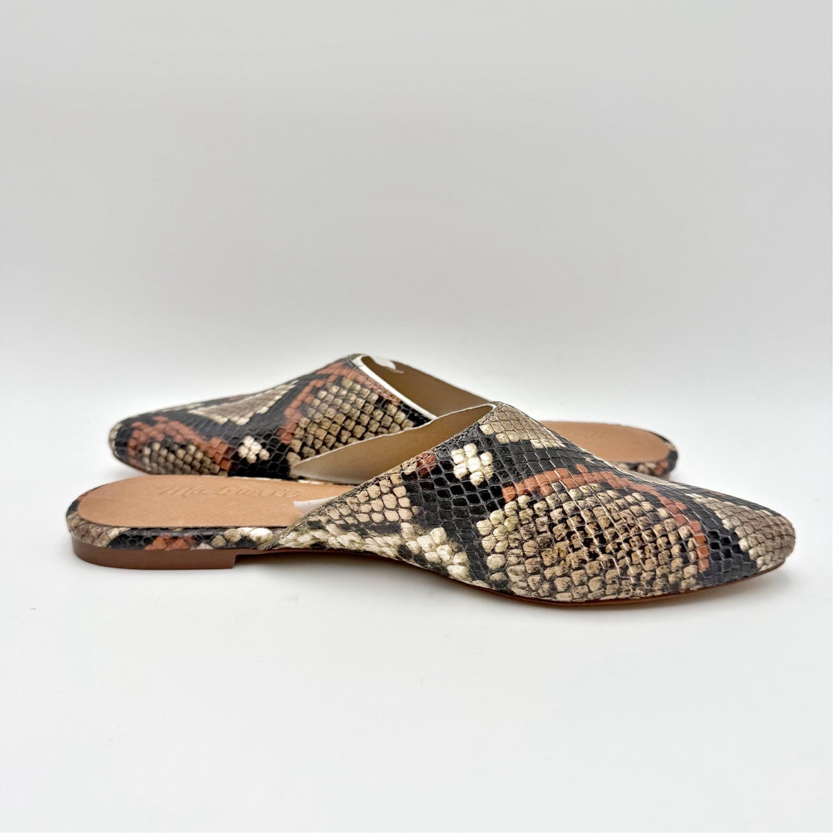 Madewell Womens Remi Mules Size 6 M Brown Leather Snake Print Slide Flats NIB