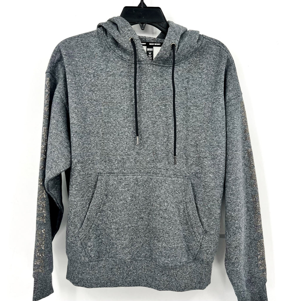 DKNY Sport Womens Hoodie Sweatshirt Small Grey Rhinestone Logo Sleeve NWT