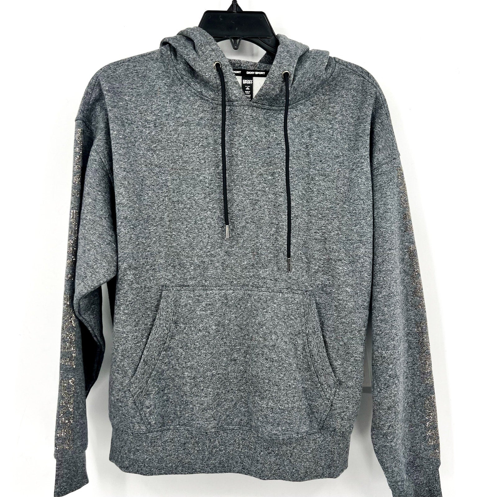 DKNY Sport Womens Hoodie Sweatshirt Small Grey Rhinestone Logo Sleeve NWT