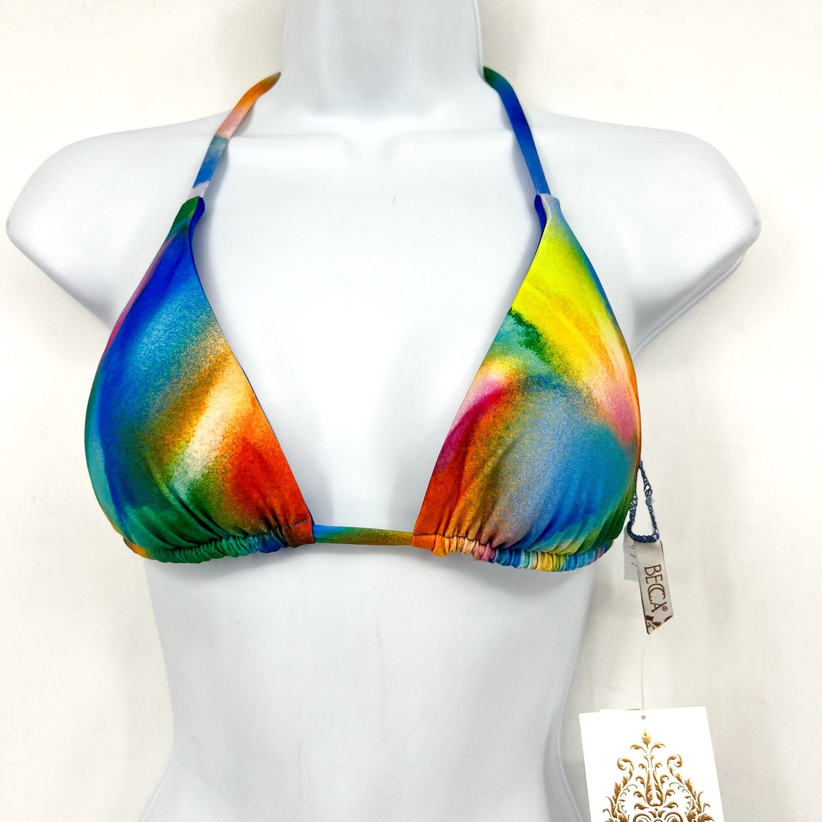 BECCA Paper Mache Cheryl Reversible Triangle Bikini Top Small Rainbow Blue NWT