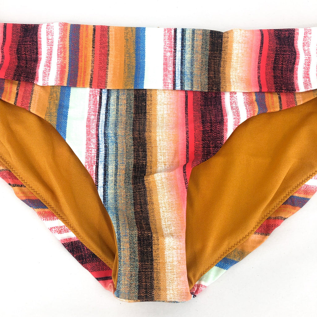 PRANA Women's Marta Bikini Bottoms Large Gold Baja Stripe Hipster NWT
