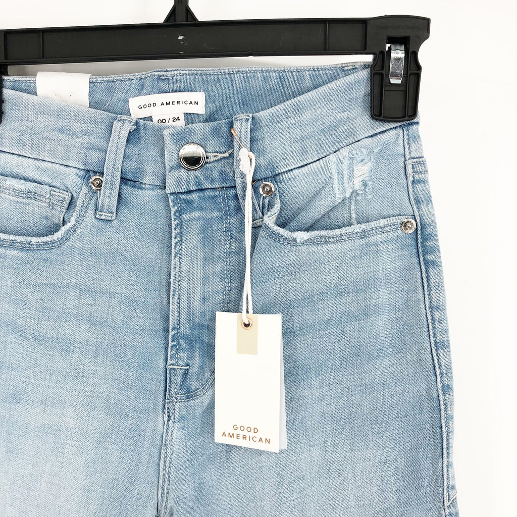 GOOD AMERICAN Good Waist Crop Skinny Jeans US 00 24 Light Blue Distressed NWT