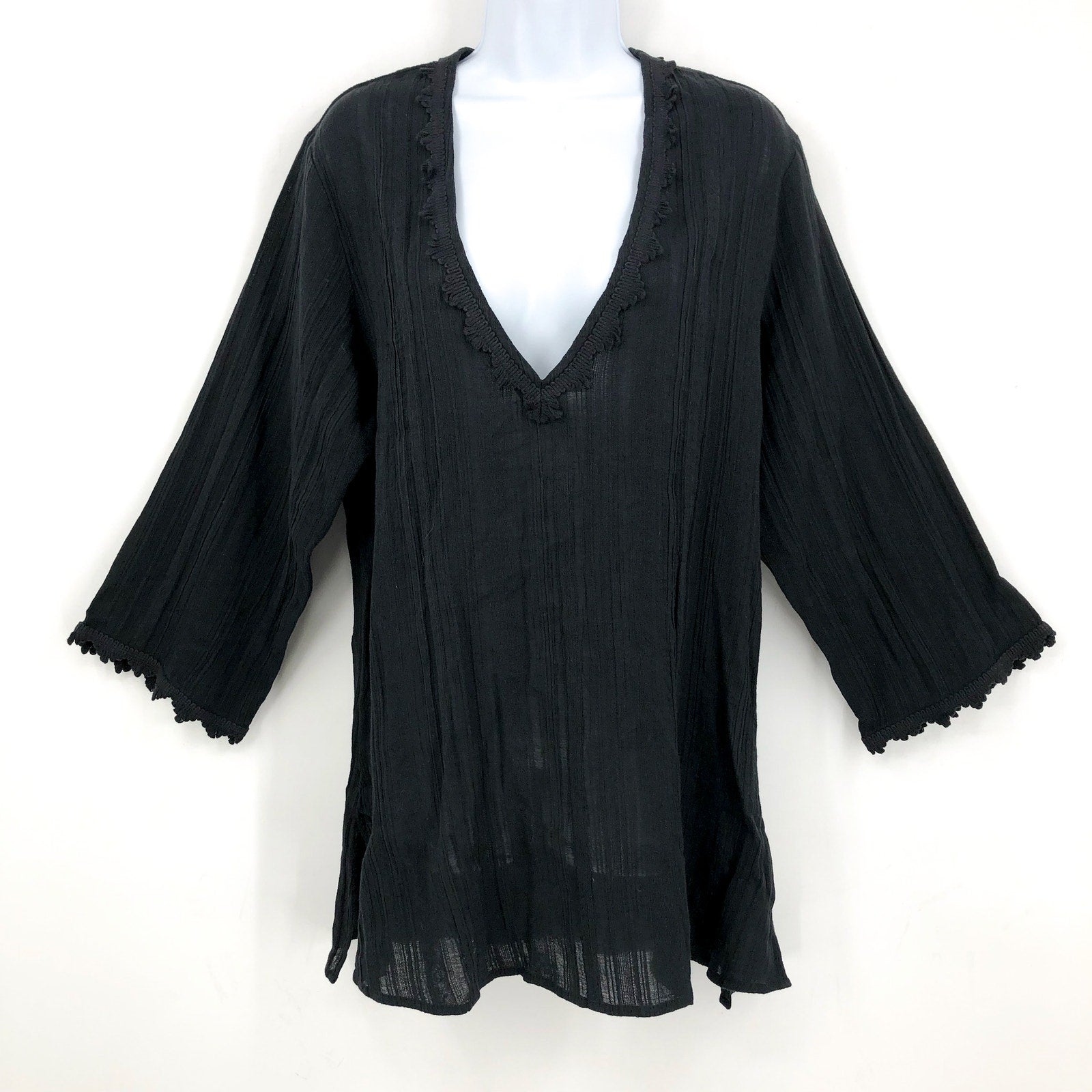 ROBIN PICCONE Women's Jo Tunic Cover Up Small Black 3/4 Sleeves Lace Vneck NWOT