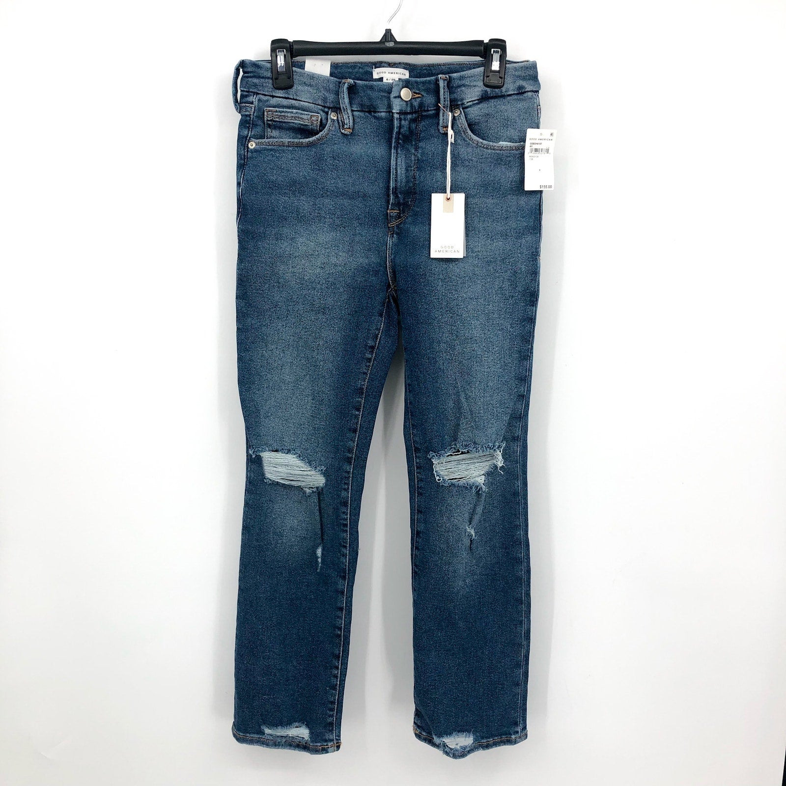 GOOD AMERICAN Good Straight Ripped Ankle Jeans Size 29 US 8 Indigo Blue NWT
