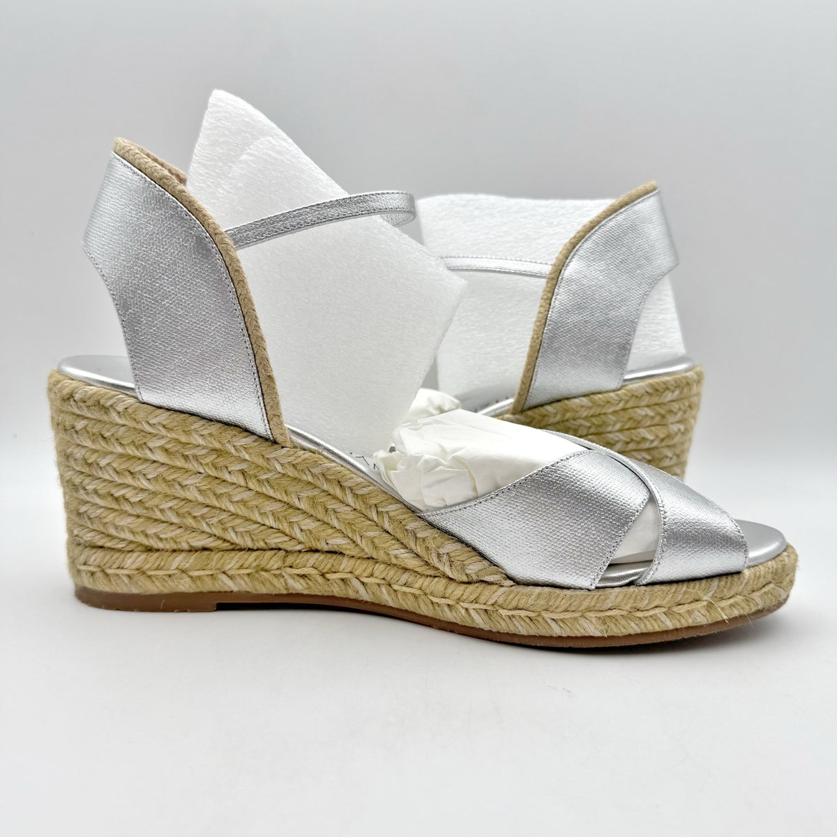 Stuart Weitzman Mirela II Espadrille Wedge Sandals Size 10 B Silver Leather NIB