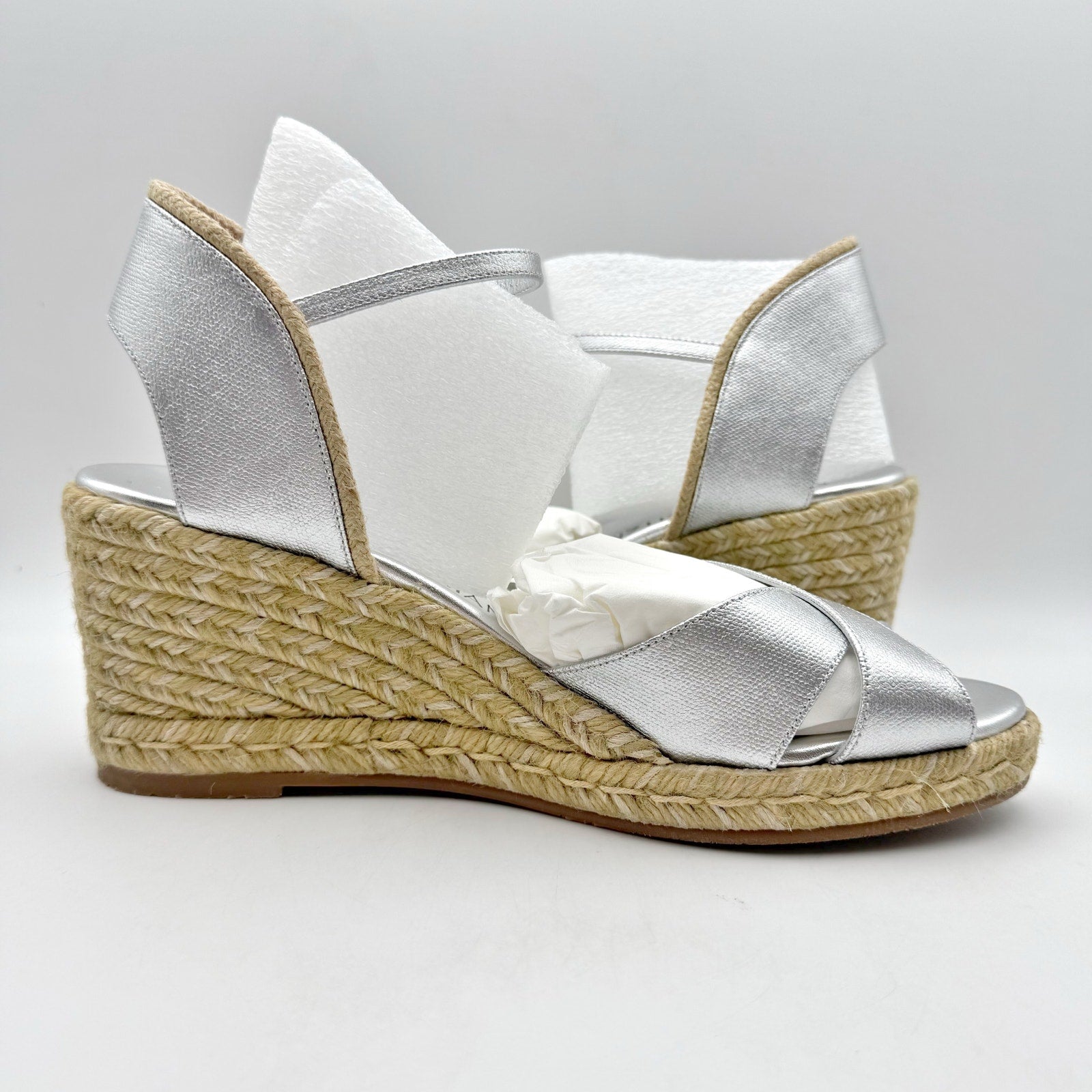 Stuart Weitzman Womens Mirela II Espadrille Wedge US 10 B Silver Leather NIB