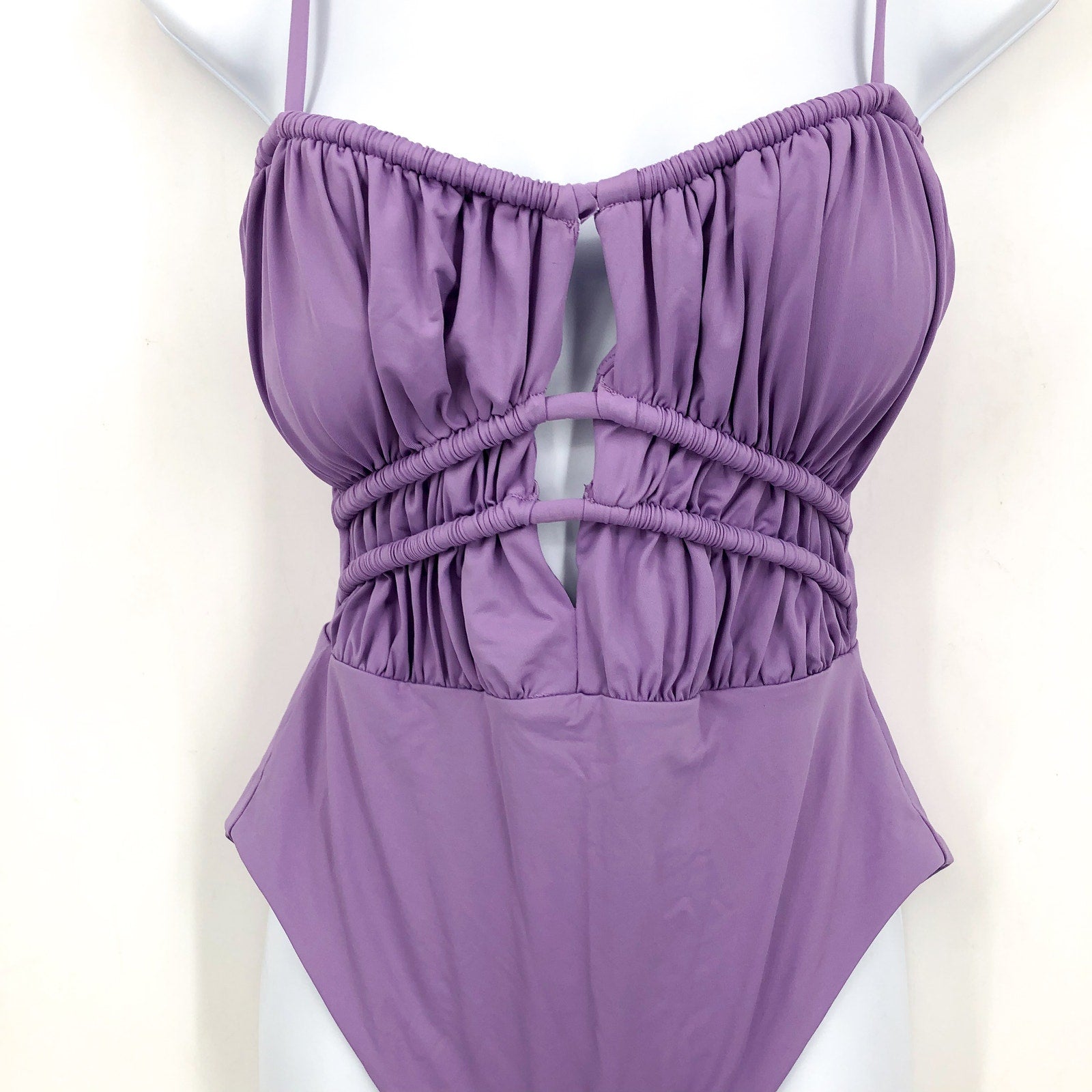 BECCA Color Code Sarai Plunge One Piece Swimsuit Medium Purple Cut Out NWT