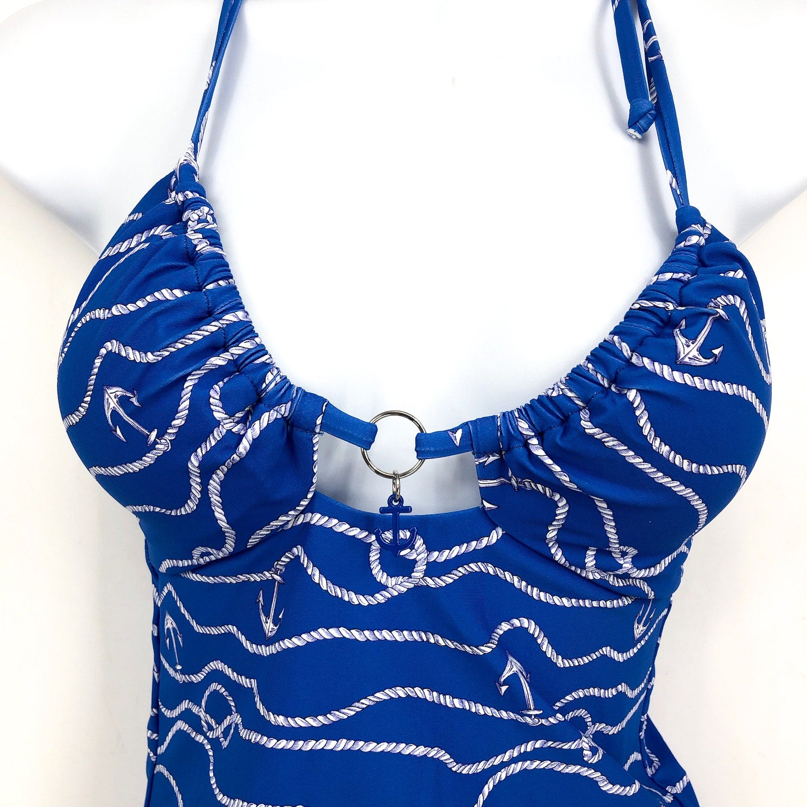 SEAFOLLY Bandeau Halter One Piece Swimsuit Size 6 Blue Azure Set Sail Print NWT