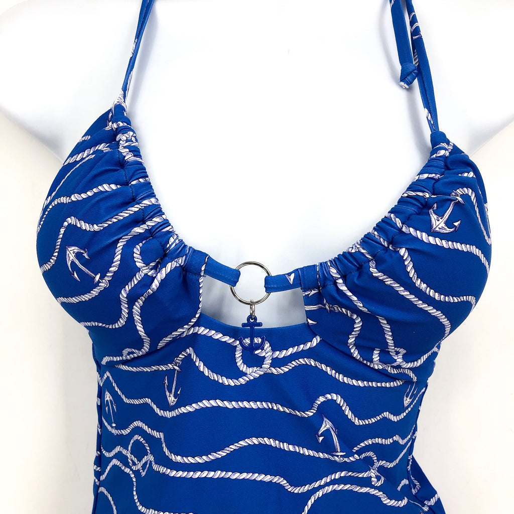 SEAFOLLY Bandeau Halter One Piece Swimsuit Size 6 Blue Azure Set Sail Print NWT