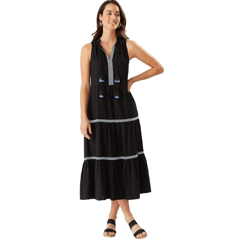 TOMMY BAHAMA Cotton Clip Embellished Split-Neck Dress Cover-Up Black Small