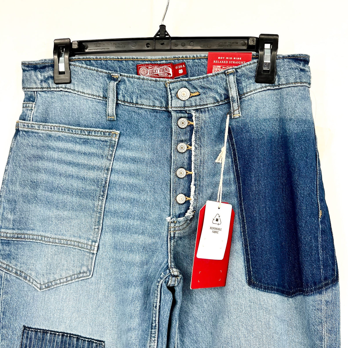 LUCKY BRAND Women's Patched Boy Jeans Size 6 28A Blue Button-Fly Mid-Rise NWT