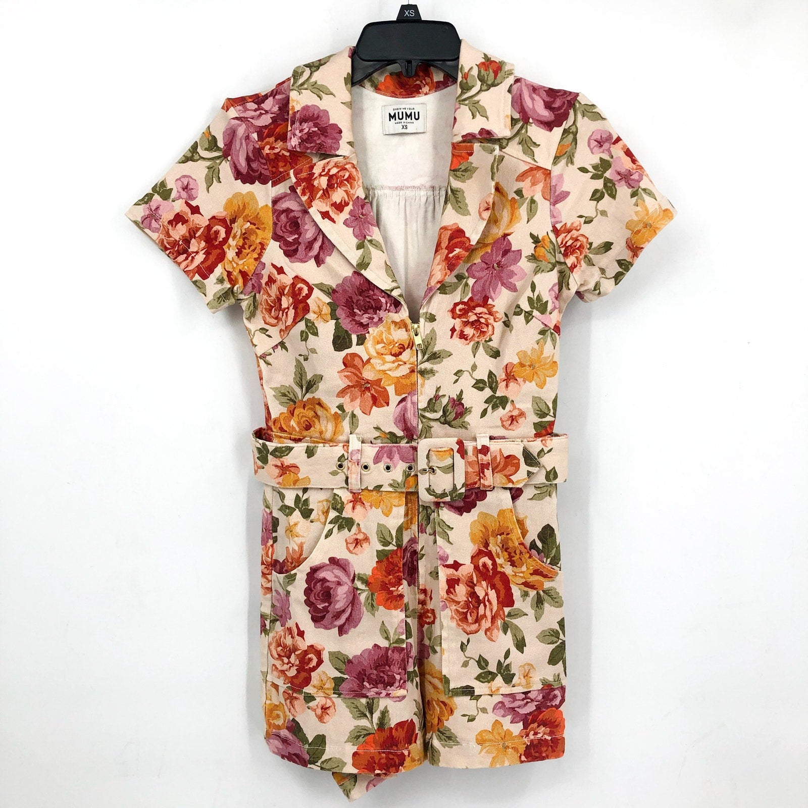 SHOW ME YOUR MUMU Womens Outlaw Romper XS Ivory Floral Denim Belted NWOT