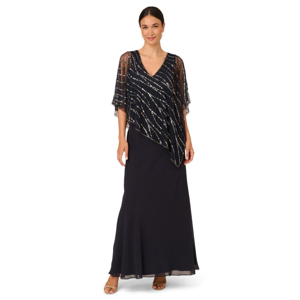 ADRIANNA PAPELL Women's Beaded Popover Midi Dress Size 8 Midnight Blue NWT