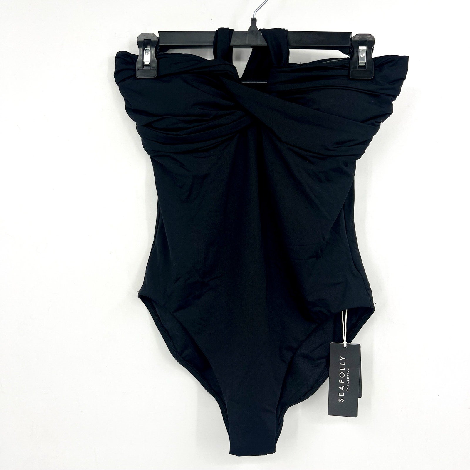 SEAFOLLY Women's Halter Bandeau One Piece Swimsuit Size 4 Black Twist Front NWT